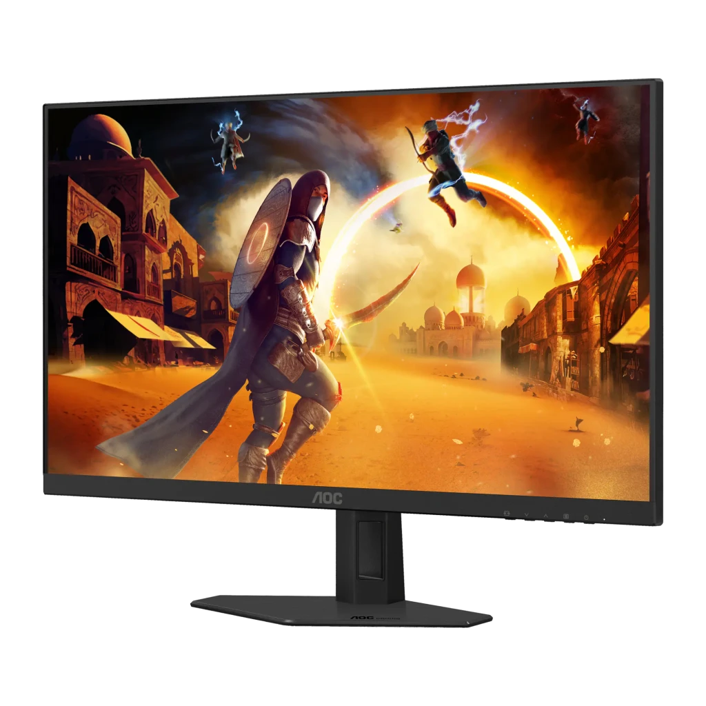 AOC Monitor 27G4ZRE 27 negro y rojo, vista en ángulo derecho: pantalla con escena de guerrero en desierto, marco fino visible