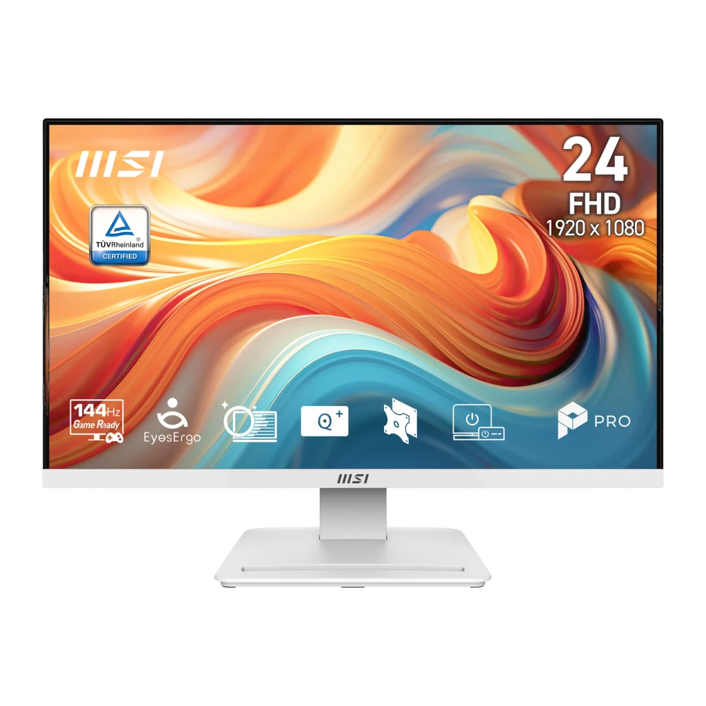 MSI Monitor PRO MP241W 23.8" Blanc, vue de face: écran FHD 1920x1080 avec icônes EyesErgo, 144Hz et certification TÜV