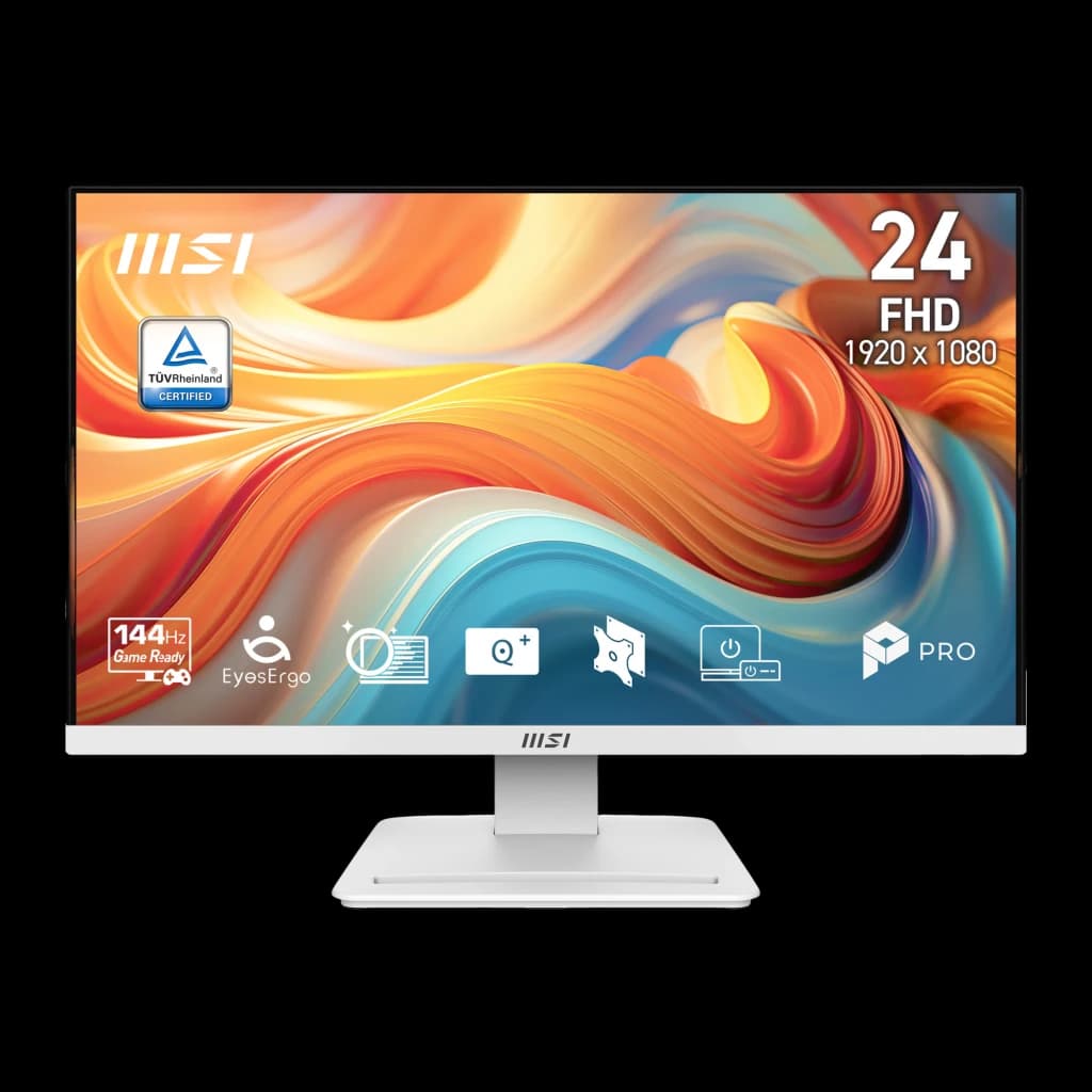 MSI Monitor PRO MP241W 23.8" Blanc, vue de face: écran FHD 1920x1080 avec icônes EyesErgo, 144Hz et certification TÜV