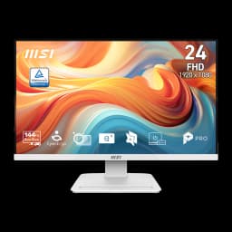 MSI Monitor PRO MP241W 23.8" Blanc, vue de face: écran FHD 1920x1080 avec icônes EyesErgo, 144Hz et certification TÜV