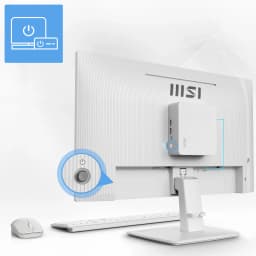 MSI Monitor PRO MP241W 23.8" Blanc, vue arrière en situation: mini PC monté sur le pied avec bouton d'alimentation