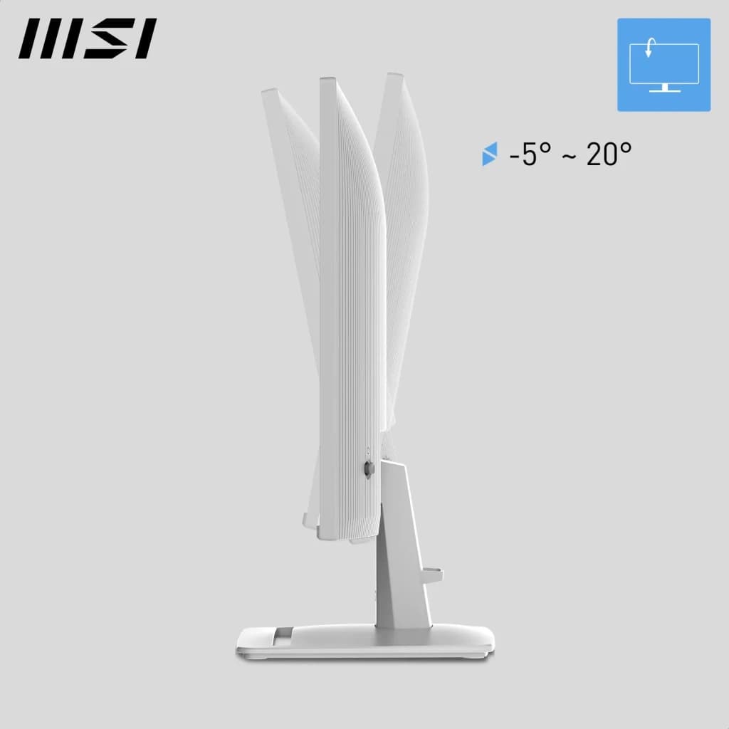 MSI Monitor PRO MP241W 23.8" Blanc, vue latérale d'inclinaison: plage de réglage tilt -5° à 20° illustrée en plusieurs