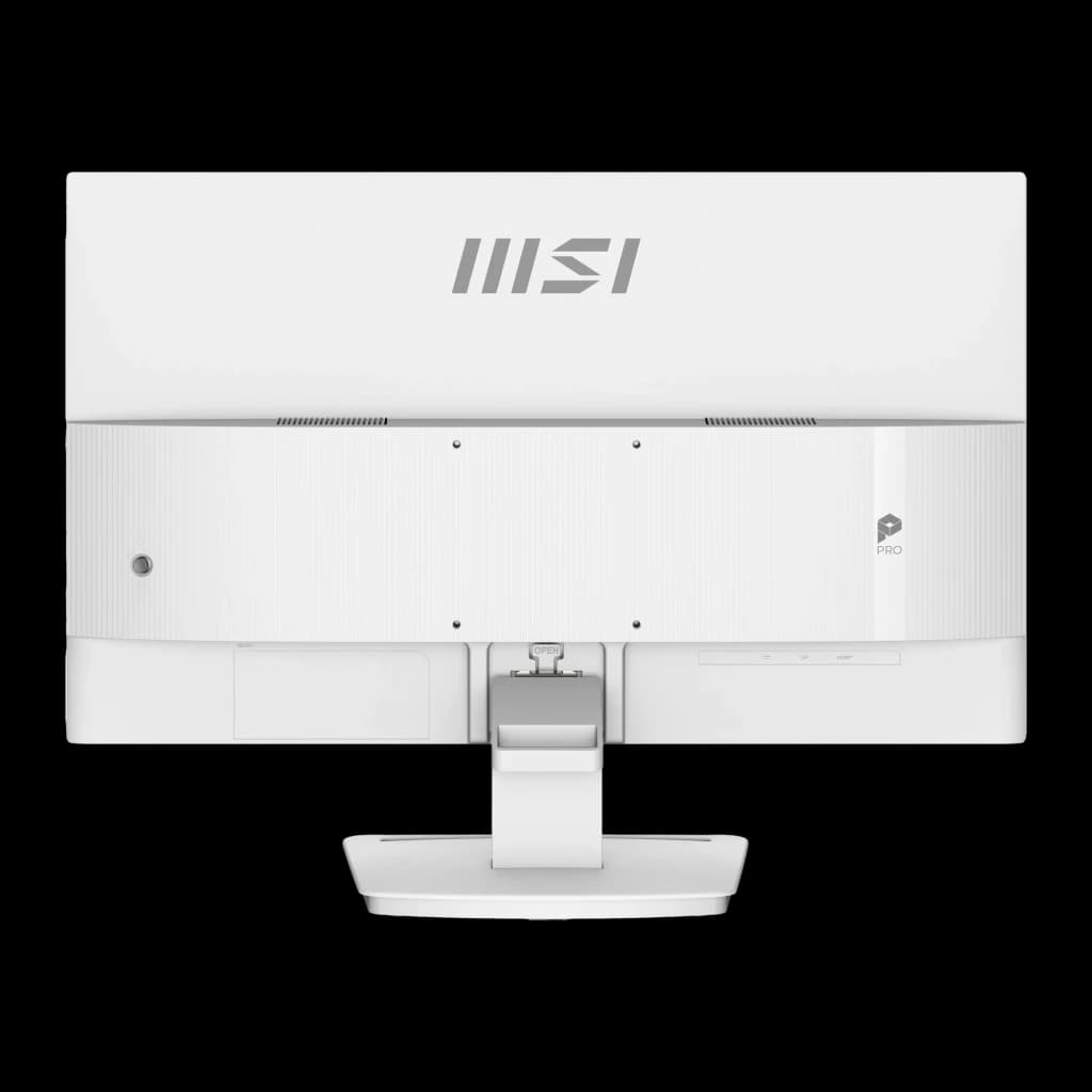 MSI Monitor PRO MP241W 23.8" Blanc, vue arrière: boîtier avec logo MSI, grilles de ventilation et logo PRO