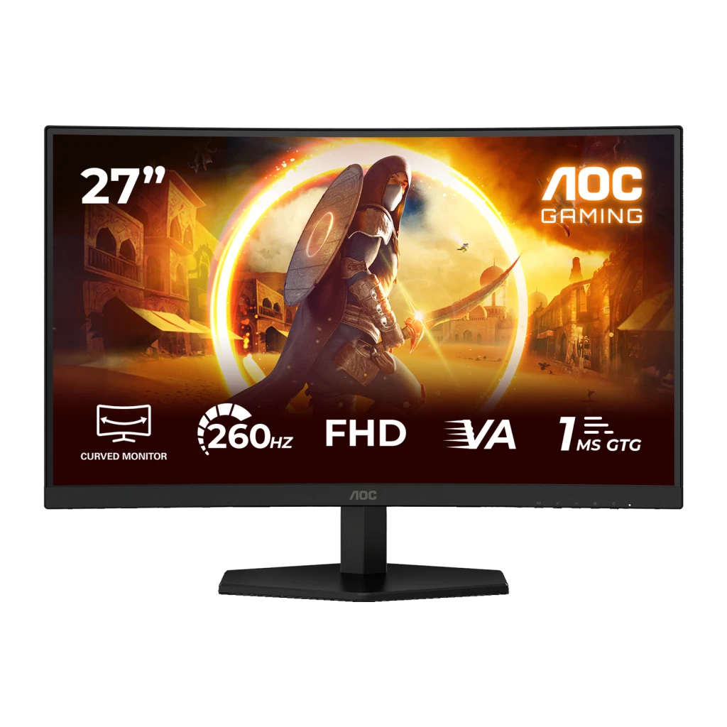 AOC C27G42ZE 27" Curvo Negro Rojo, vista frontal: pantalla curva con especificaciones 260Hz FHD VA 1ms y pie central