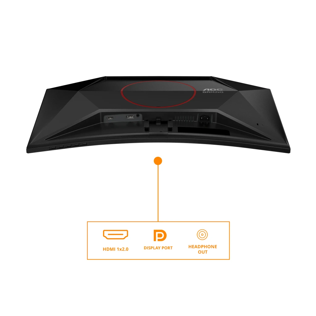 AOC C27G42ZE 27" Curvo Negro Rojo, vista trasera inferior: puertos HDMI 2.0, DisplayPort y salida de auriculares señalizados