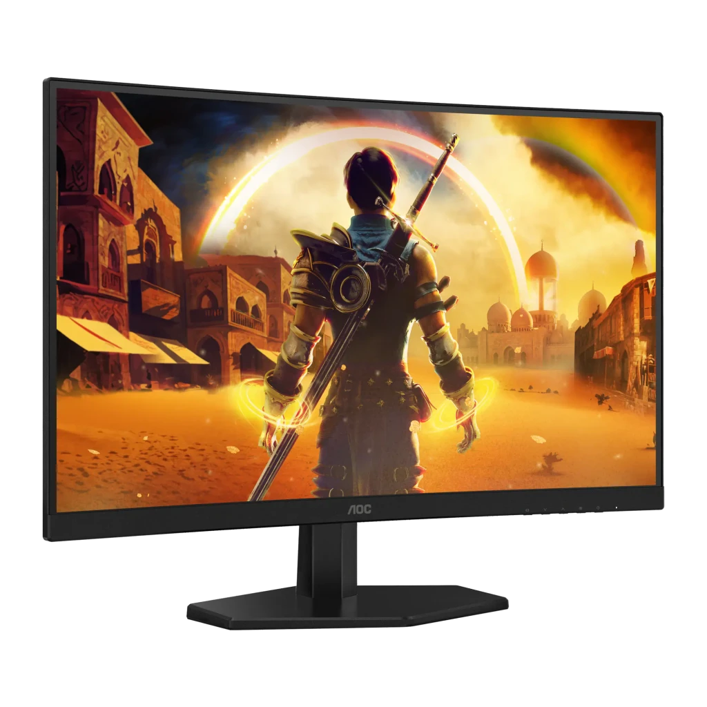 AOC C27G42ZE 27" Curvo Negro Rojo, vista en ángulo frontal izquierdo: curvatura del panel y base hexagonal visibles