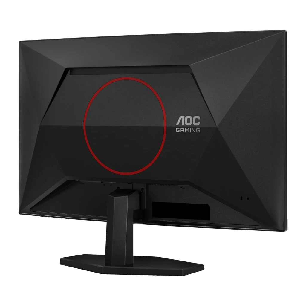AOC C27G42ZE 27" Curvo Negro Rojo, vista trasera en ángulo: diseño facetado y aro rojo vistos desde perspectiva lateral