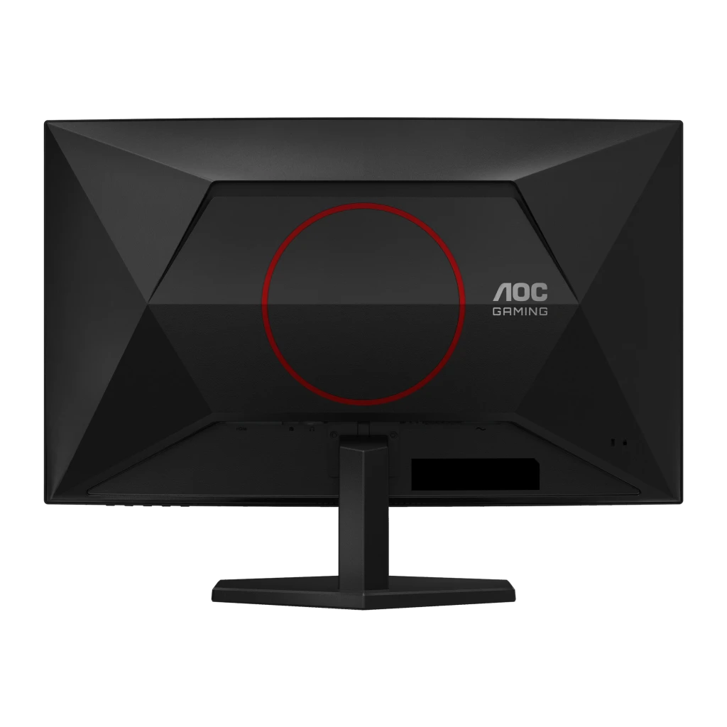 AOC C27G42ZE 27" Curvo Negro Rojo, vista trasera frontal: diseño facetado negro con aro circular rojo y logo AOC Gaming