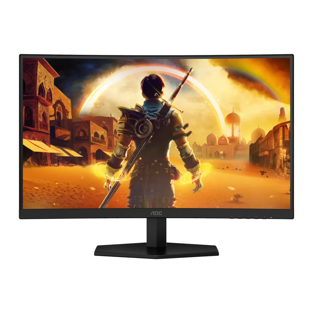 AOC C27G42ZE 27" Curvo Negro Rojo, vista frontal: pantalla curva con escena gaming de guerrero sin texto de especificaciones