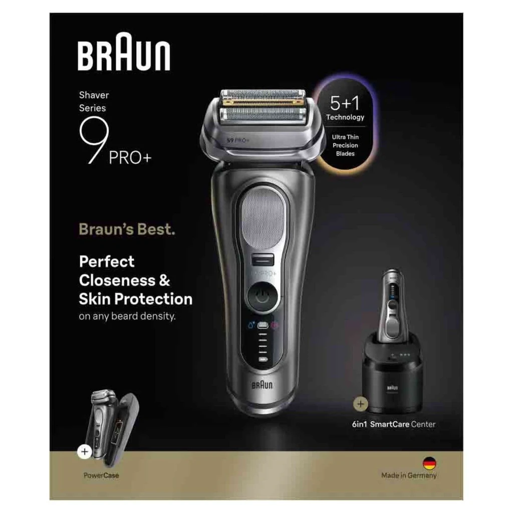 Braun Afeitadora Series 9 Pro+ 9675cc Wet&Dry con PowerCase y centro de limpieza gris, plata - carga rápida = 5 min para un