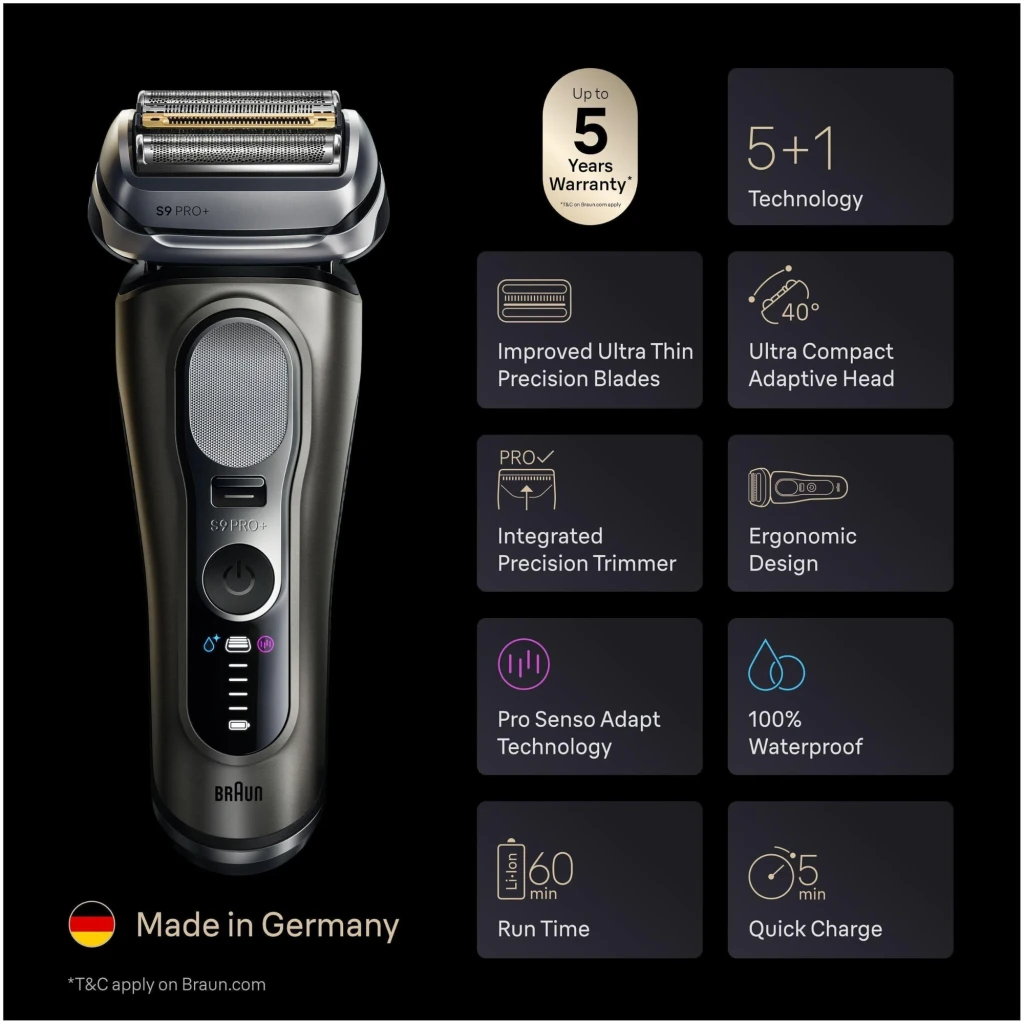 Braun Afeitadora Series 9 Pro+ 9675cc Wet&Dry con PowerCase y centro de limpieza gris, plata - contenido de la caja =
