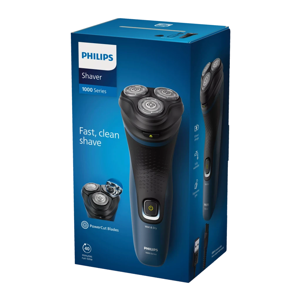 Philips Afeitadora eléctrica S1151/00 Serie 1000 Negro y Azul - sistema de afeitado = Rotación (3 cabezas) | las cabezas