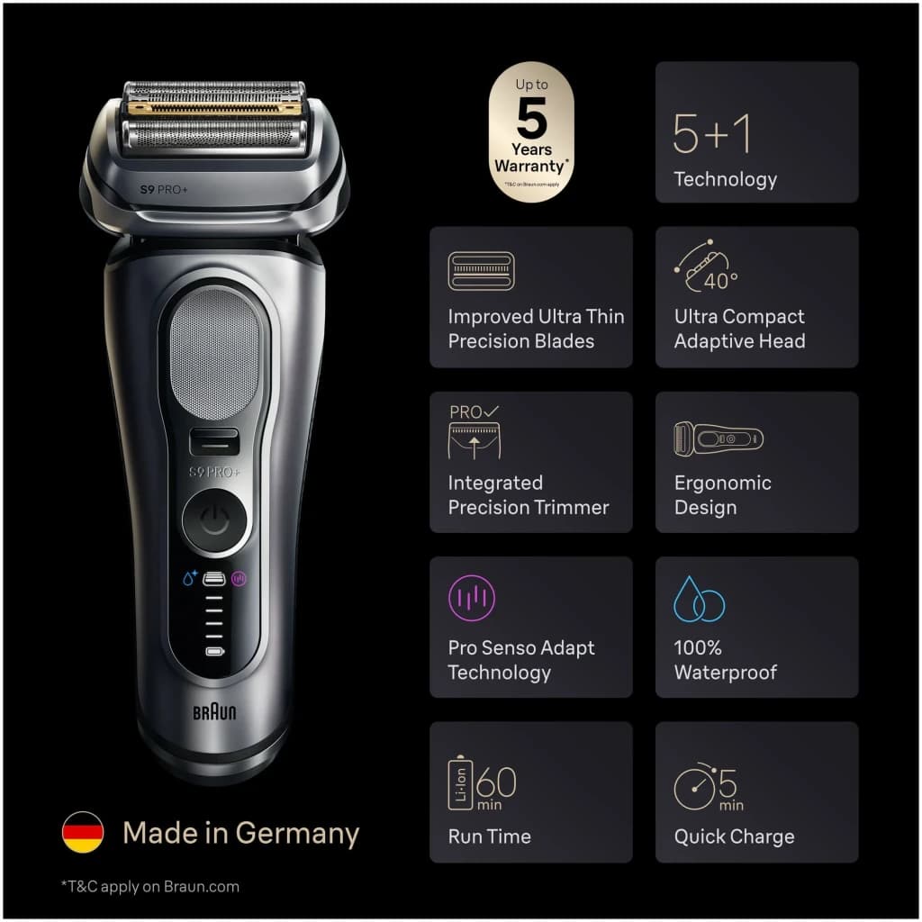 Braun Afeitadora Series 9 Pro+ 9667CC Plateado plata - apto para pieles sensibles + seguimiento de contornos + ajuste a la