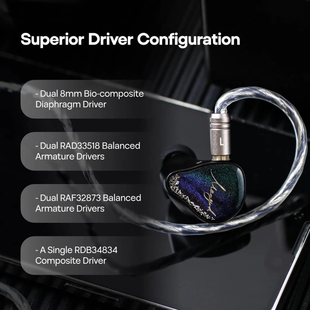 Moondrop Auriculares In-Ear DARK SABER 1DD+6BA Hi-Res - sensibilidad muy alta (128 dB/Vrms) e impedancia moderada (22 Ω)