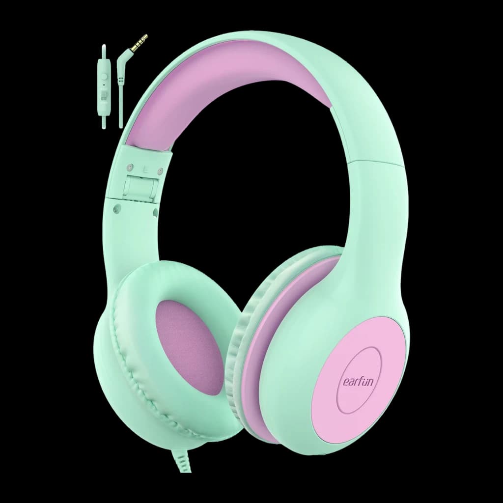 EarFun K1 Green Violet auriculares infantis roxo, vista frontal 3/4: arco menta e roxo, almofadas bicolor, cabo com controlo