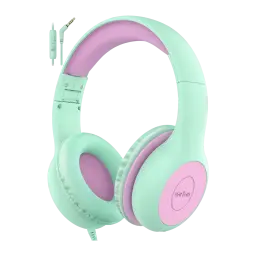 EarFun K1 Green Violet auriculares infantis roxo, vista frontal 3/4: arco menta e roxo, almofadas bicolor, cabo com controlo