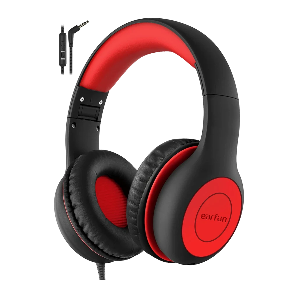 EarFun K3 negro auriculares niños, vista lateral: diadema roja, almohadillas acolchadas y cable con mando incluido