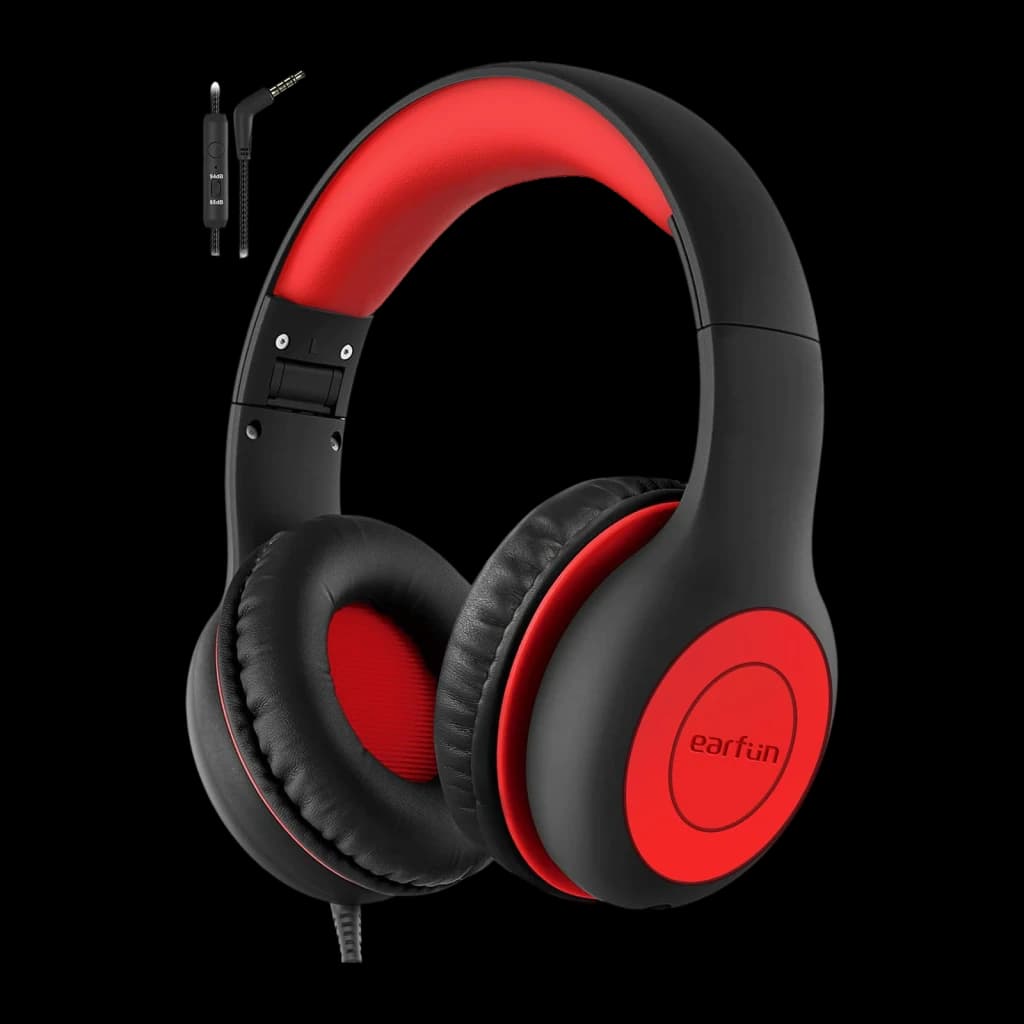 EarFun K3 negro auriculares niños, vista lateral: diadema roja, almohadillas acolchadas y cable con mando incluido