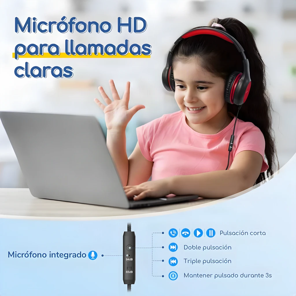 EarFun K3 negro, lifestyle: niña con auriculares negro-rojo frente a laptop, micrófono HD y control en línea destacados