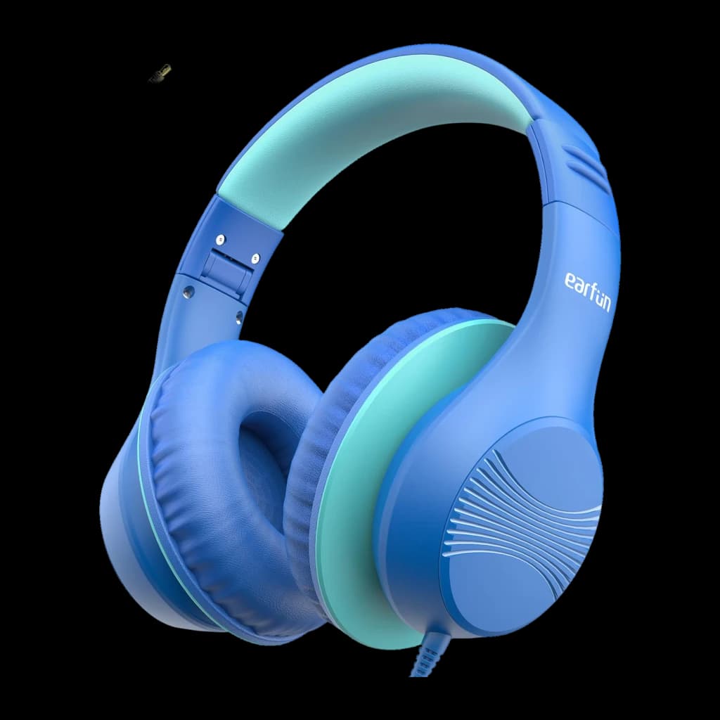 Auriculares EarFun K3 Diadema USB-C Azul, vista lateral: almohadillas acolchadas, diadema bicolor azul y turquesa, logo