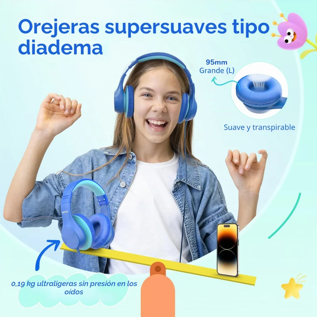Auriculares EarFun K3 Diadema USB-C Azul, lifestyle: niña con auriculares puestos, detalle orejera 95mm suave y transpirable
