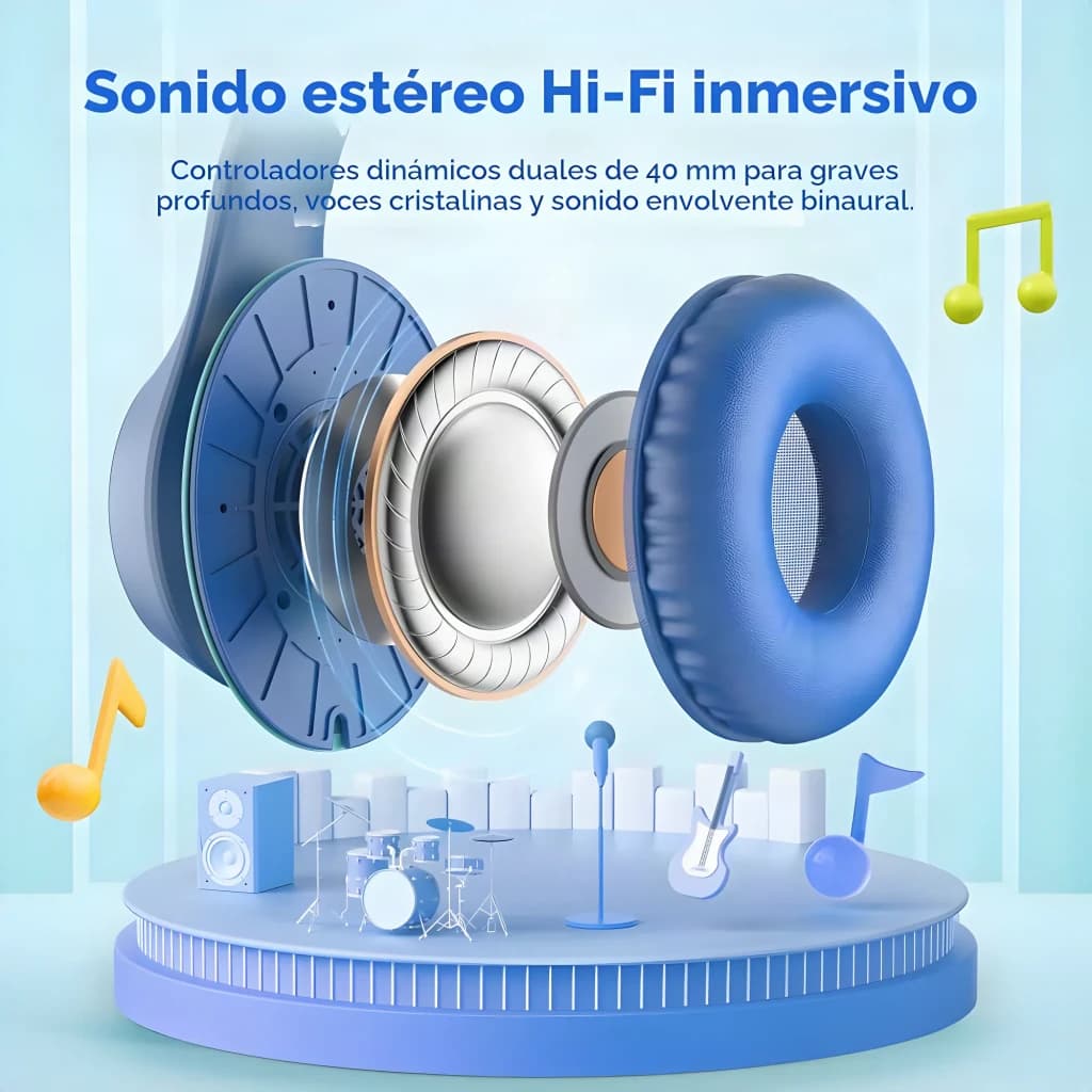Auriculares EarFun K3 Diadema USB-C Azul, explosionado: controlador dinámico de 40 mm y almohadilla azul desplegados