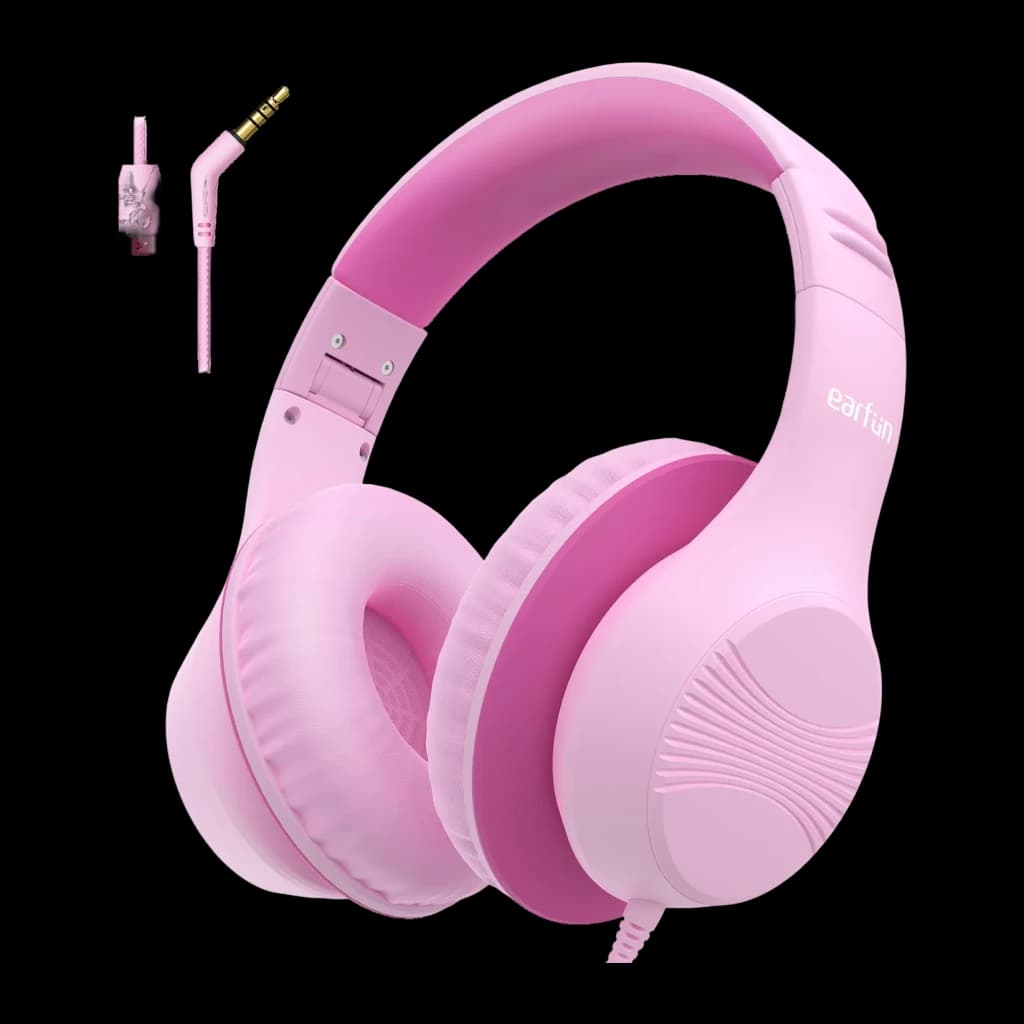 EarFun K3 rosa, vista frontal en ángulo: auriculares con cable jack 3,5 mm dorado y almohadillas acolchadas