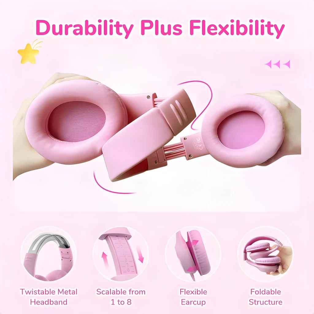 EarFun K3 Rosa, detalle de flexibilidad: manos doblando auriculares, almohadillas e iconos de diadema metálica y estructura