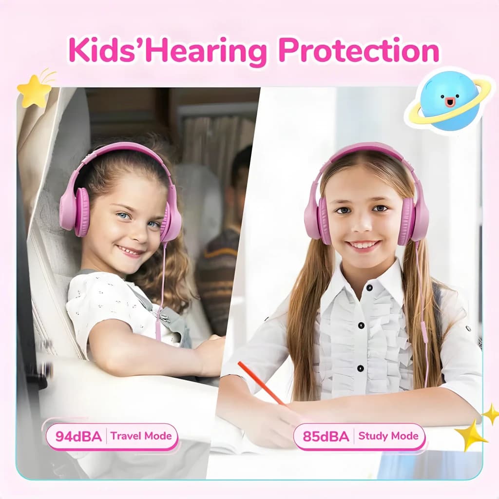 EarFun K3 rosa, modos de uso: niña con auriculares en avión (94dBA) y niña estudiando (85dBA)