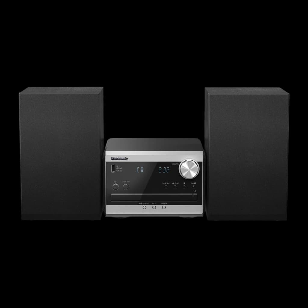 Panasonic Microcadena SC-PM272EG-S Plata, vista frontal: unidad central plateada con display azul, lector CD y dos altavoces