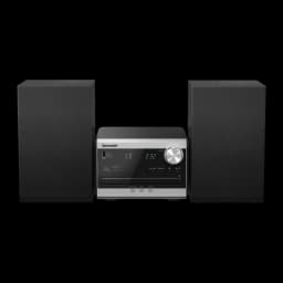 Panasonic Microcadena SC-PM272EG-S Plata, vista frontal: unidad central plateada con display azul, lector CD y dos altavoces