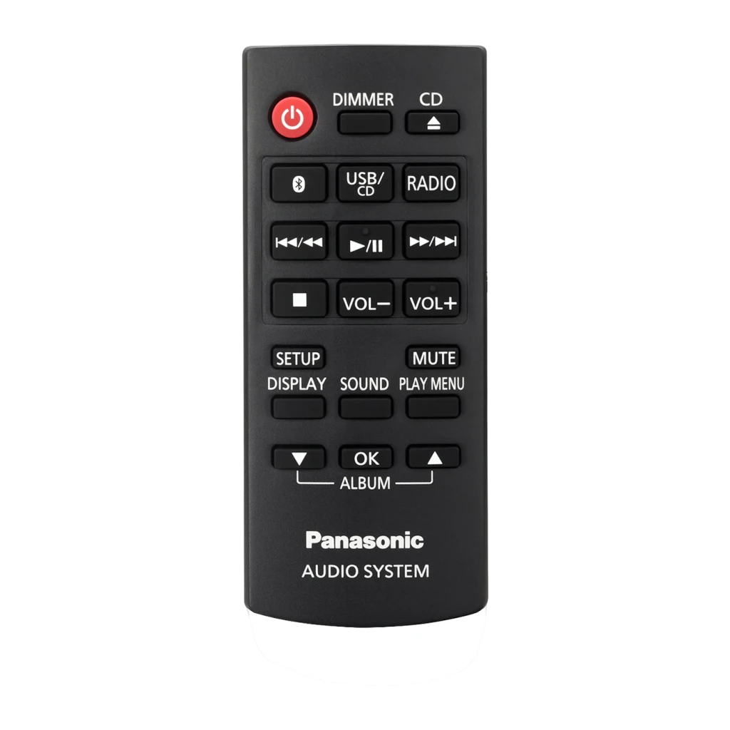 Panasonic Microcadena SC-PM272EG-S Plata, mando a distancia: vista frontal con botones Bluetooth, USB, Radio y control