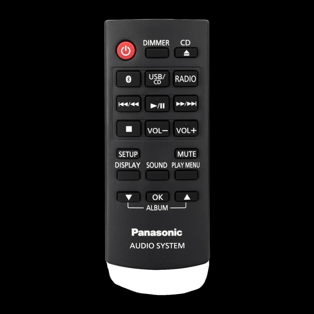 Panasonic Microcadena SC-PM272EG-S Plata, mando a distancia: vista frontal con botones Bluetooth, USB, Radio y control