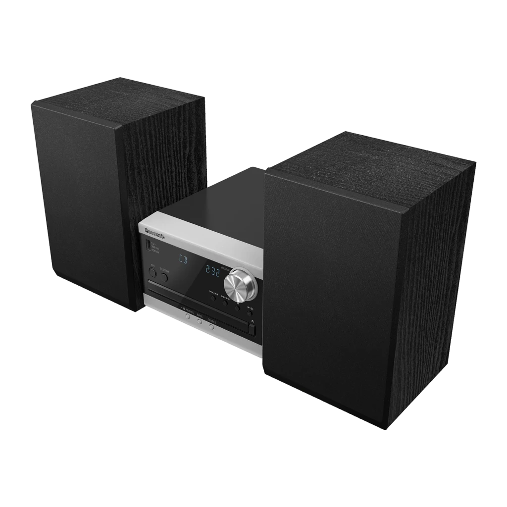 Panasonic Microcadena SC-PM272EG-S Plata, vista en perspectiva: unidad central plateada con display azul y altavoces negros