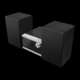 Panasonic Microcadena SC-PM272EG-S Plata, vista en perspectiva: unidad central plateada con display azul y altavoces negros