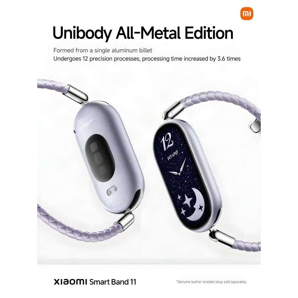 Xiaomi Smart Band 11 Unibody Edition Lavanda Monitor de Saúde Bateria 15 Dias 5ATM, traseira e ecrã: carcaça alumínio