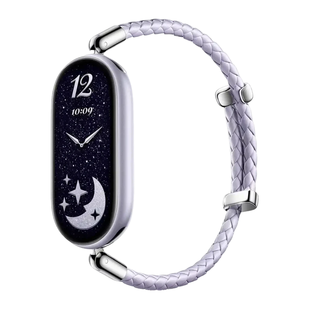 Xiaomi Smart Band 11 Unibody Edition Lavanda Monitor de Saúde Bateria 15 Dias 5ATM, vista lateral: mostrador noturno com lua