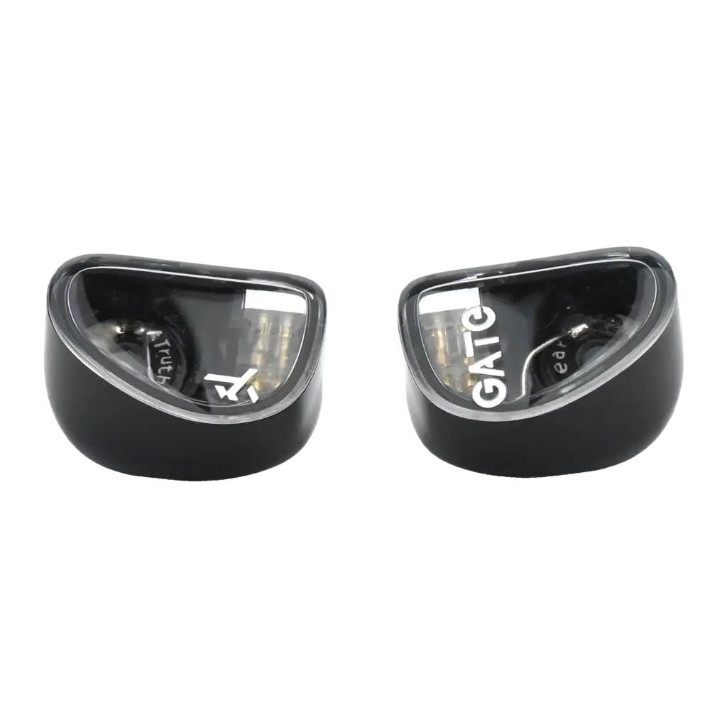 Truthear Gate Auriculares Negro, vista frontal: ambos earbuds con carcasa transparente y drivers visibles, logo GATE