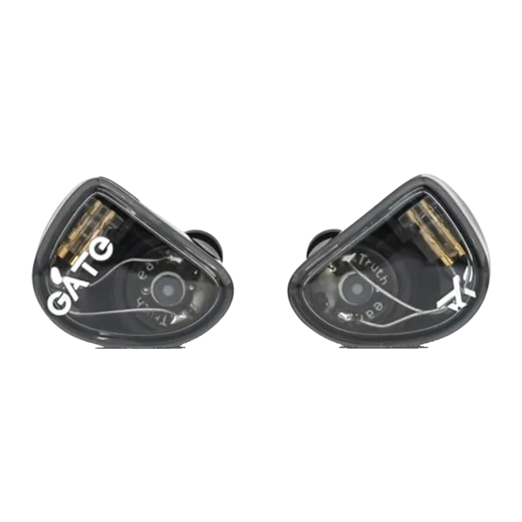 Truthear Gate Auriculares Negro, vista frontal: ambos auriculares con carcasa transparente y drivers internos visibles