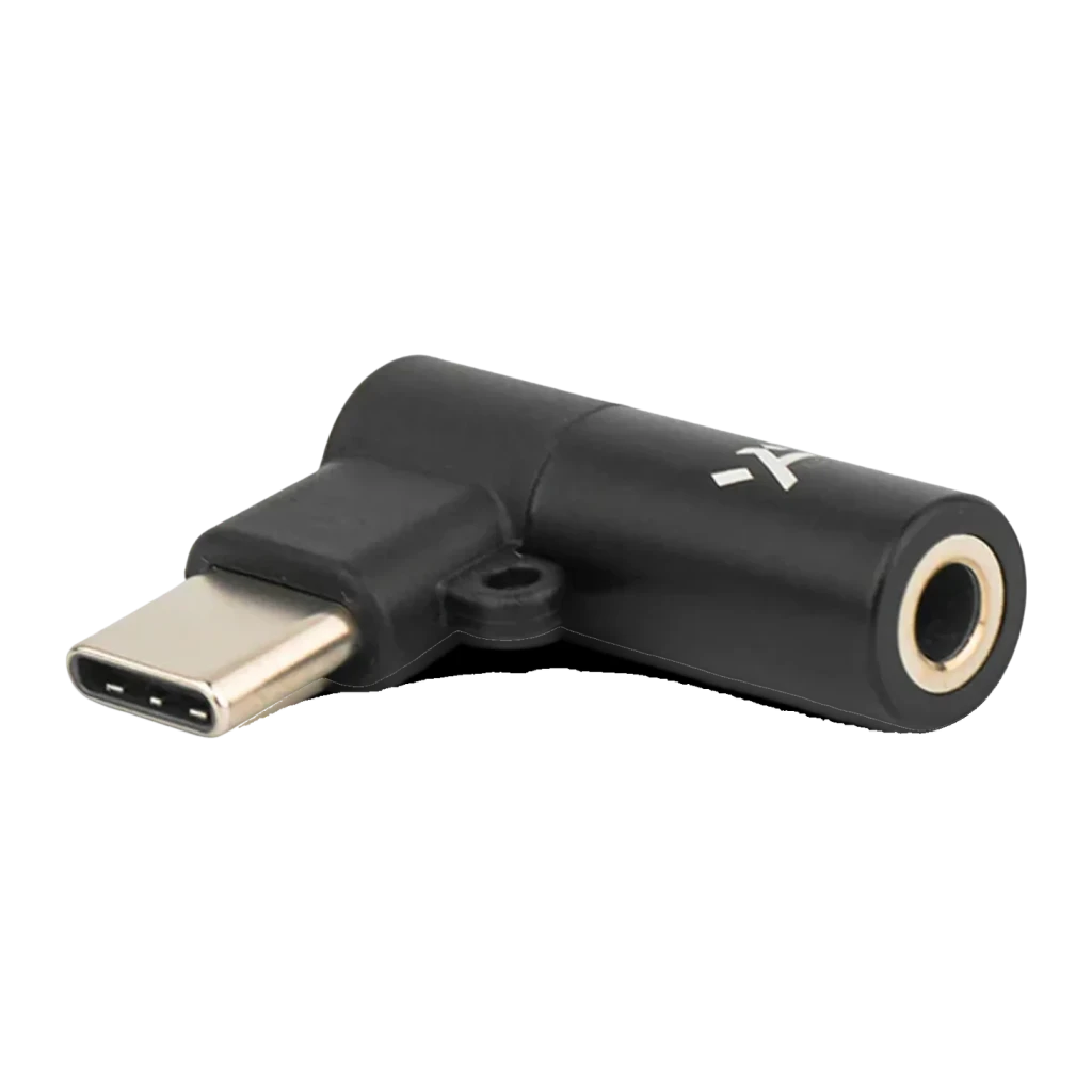 Adaptador DAC TRUTHEAR KEYX DSD256 negro, compacto en forma de L, con conector USB-C y salida de 3.5 mm, acabado mate con logotipo X en blanco