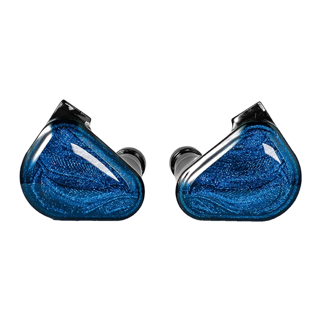 TRUTHEAR Zero auriculares azuis, vista frontal: dois auriculares com carcaça azul brilhante e gravação decorativa
