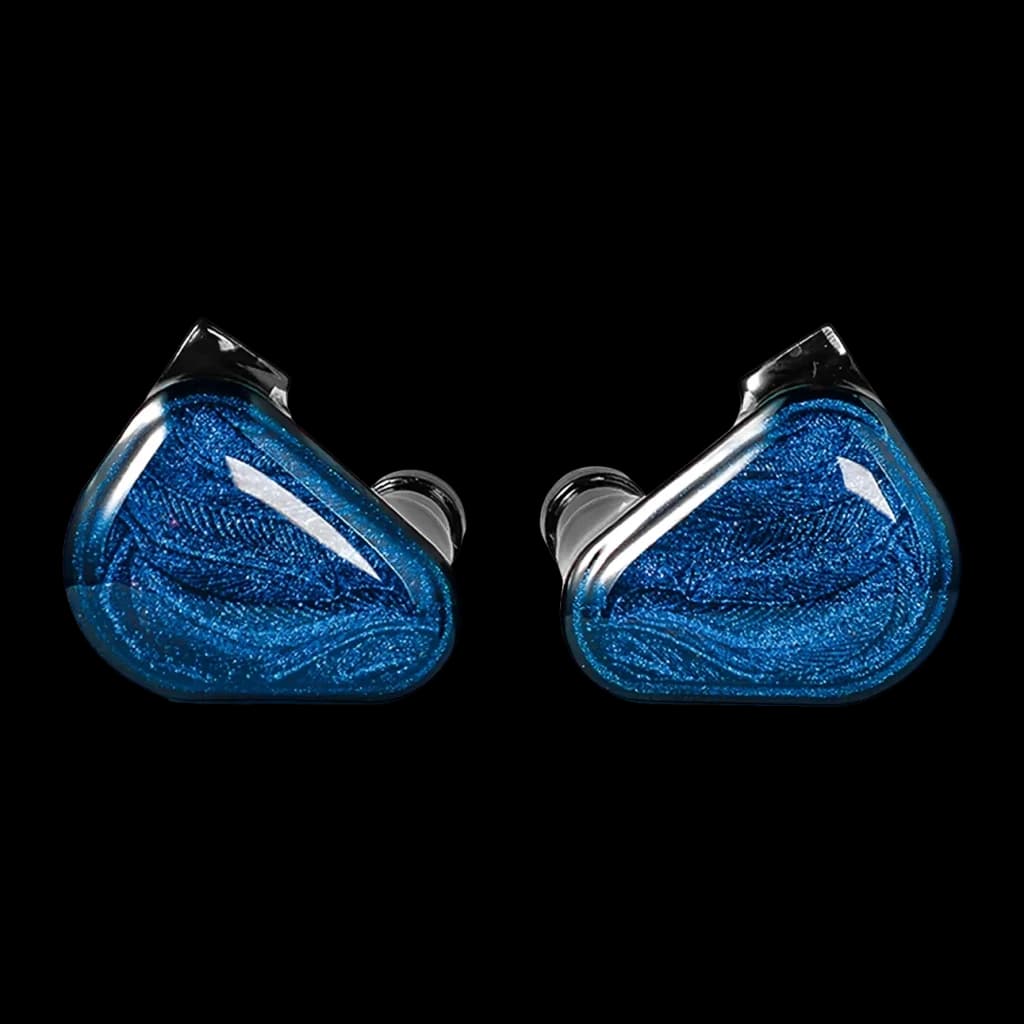 TRUTHEAR Zero auriculares azuis, vista frontal: dois auriculares com carcaça azul brilhante e gravação decorativa