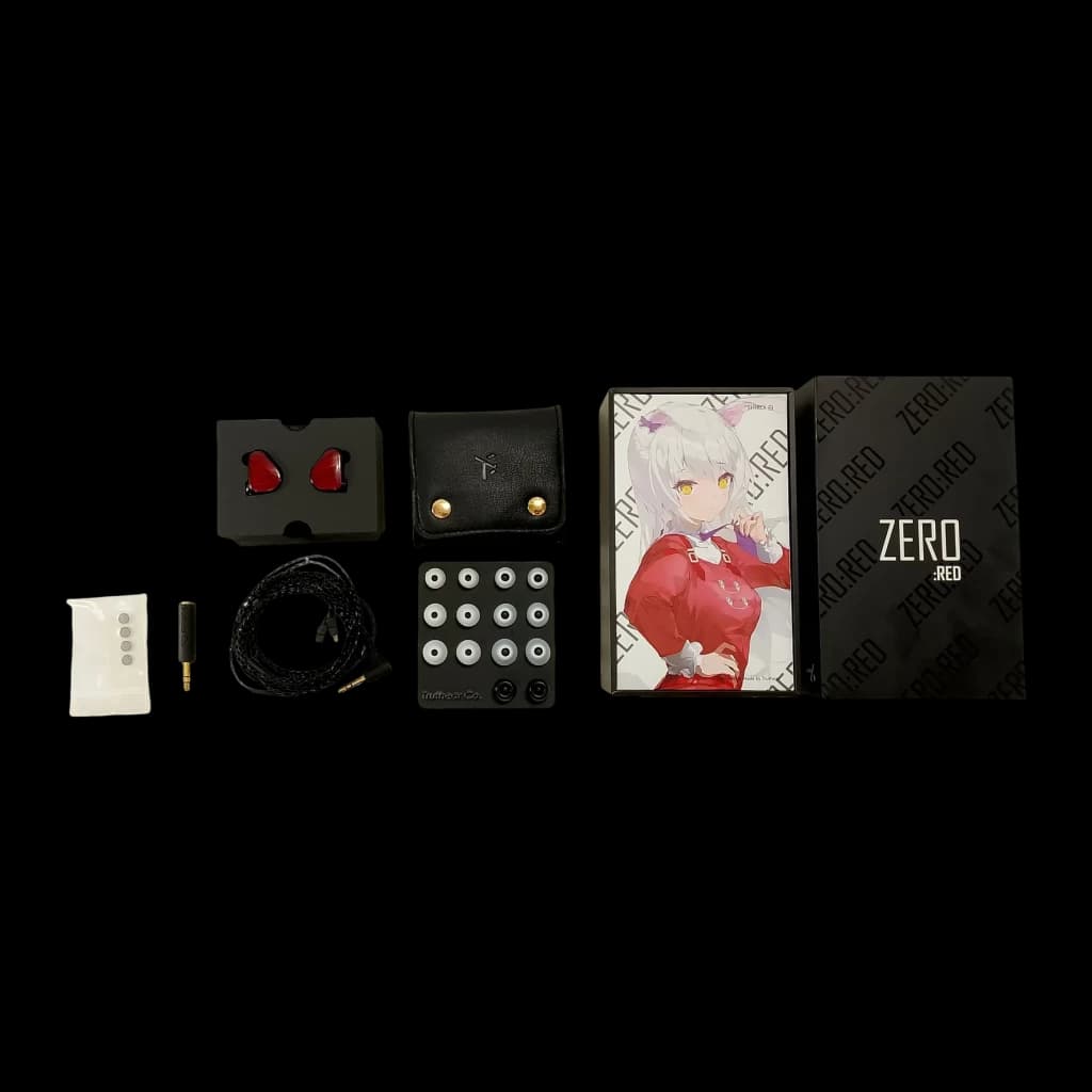 Écouteurs Truthear Zero:RED In-Ear Jack 3,5mm Double DD 10mm + 7,8mm, contenu boîte: IEM rouges, câble, pochette, embouts