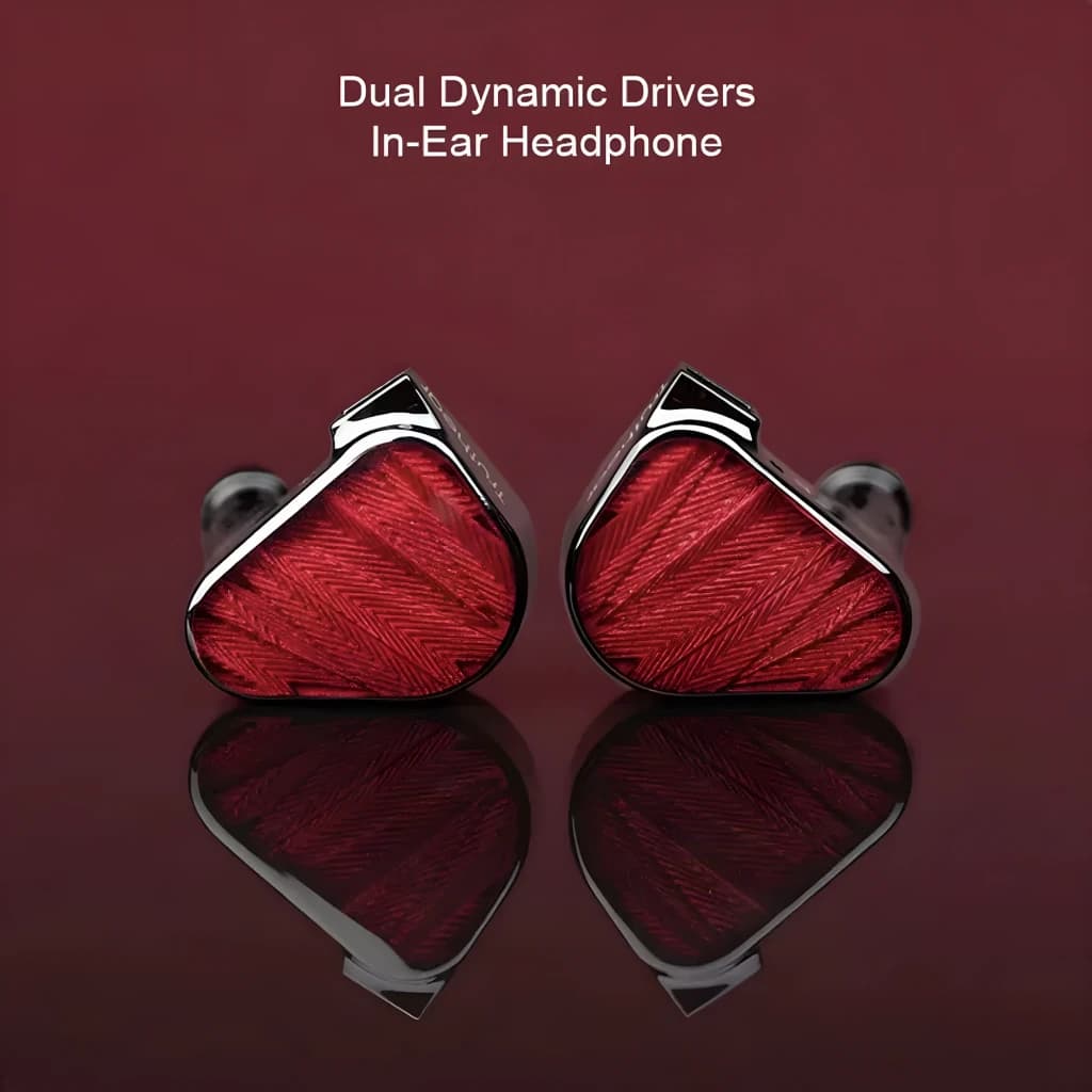 Écouteurs Truthear Zero:RED In-Ear Jack 3,5mm Double DD 10mm + 7,8mm, vue avant: paire d'écouteurs rouges à texture chevron