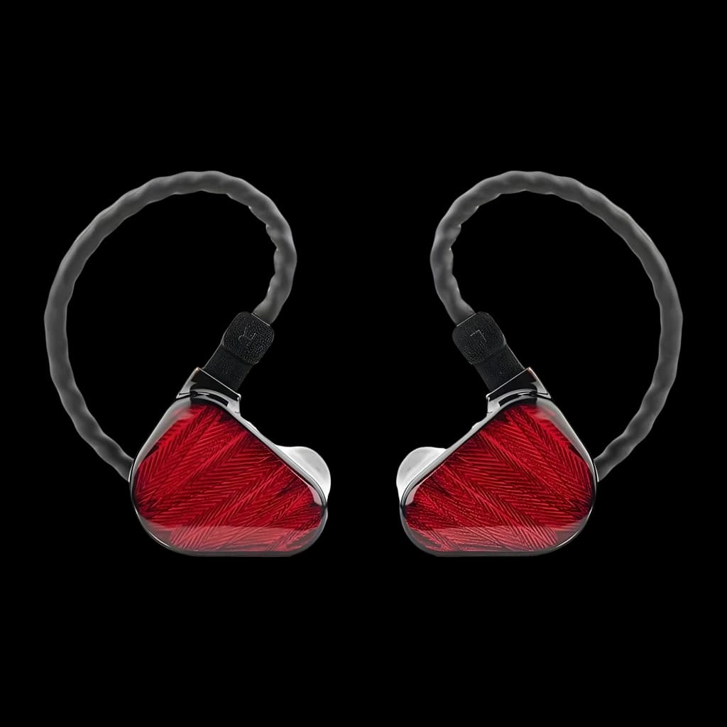 Écouteurs Truthear Zero:RED In-Ear Jack 3,5mm Double DD 10mm + 7,8mm, vue de face: paire d'écouteurs rouges motif tissé