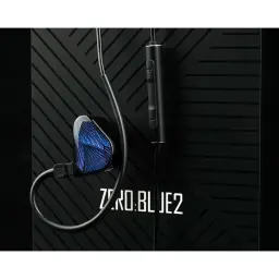 Truthear Zero Blue 2 con micrófono, detalle: auricular con cable de micrófono y mando de volumen +/- ante la caja