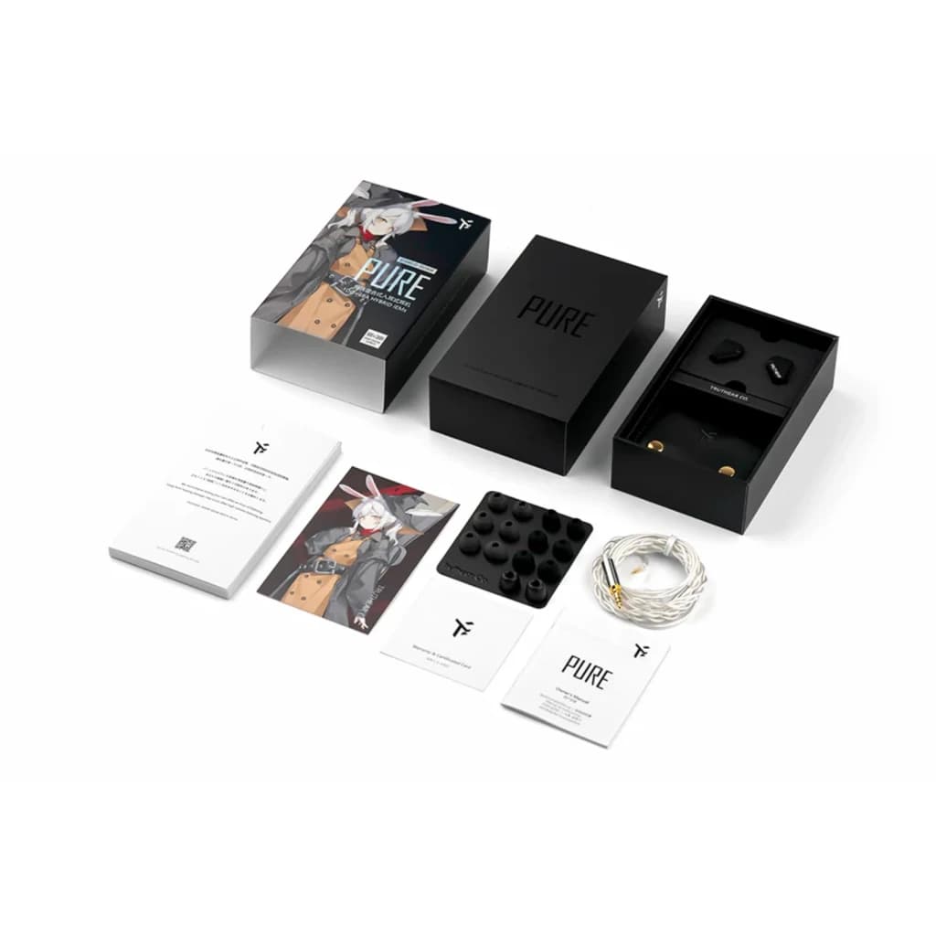 Truthear PURE preto, conteúdo da caixa: auriculares, cabo prateado, ponteiras, documentação e ilustração anime