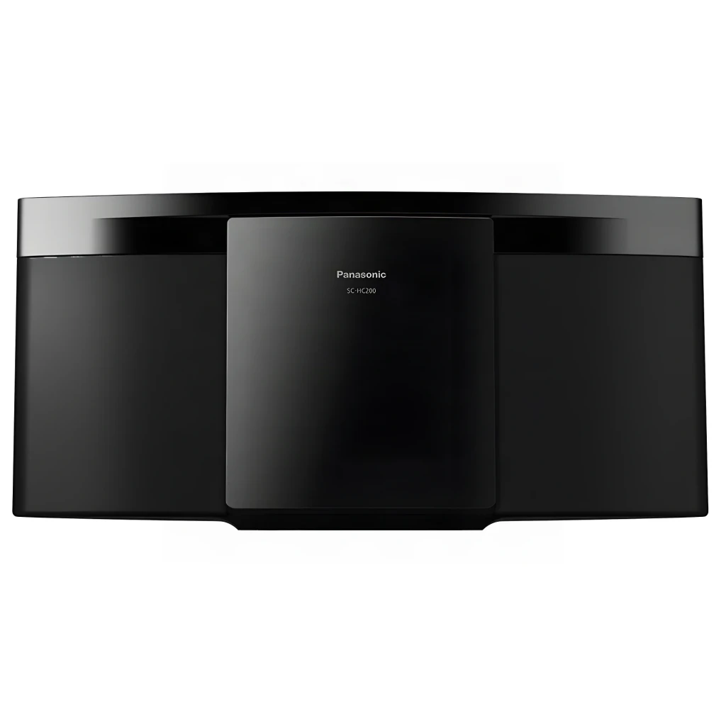 Panasonic Microssistema SC-HC200EG-K preto, vista frontal: unidade central com logo e dois altifalantes laterais acabamento