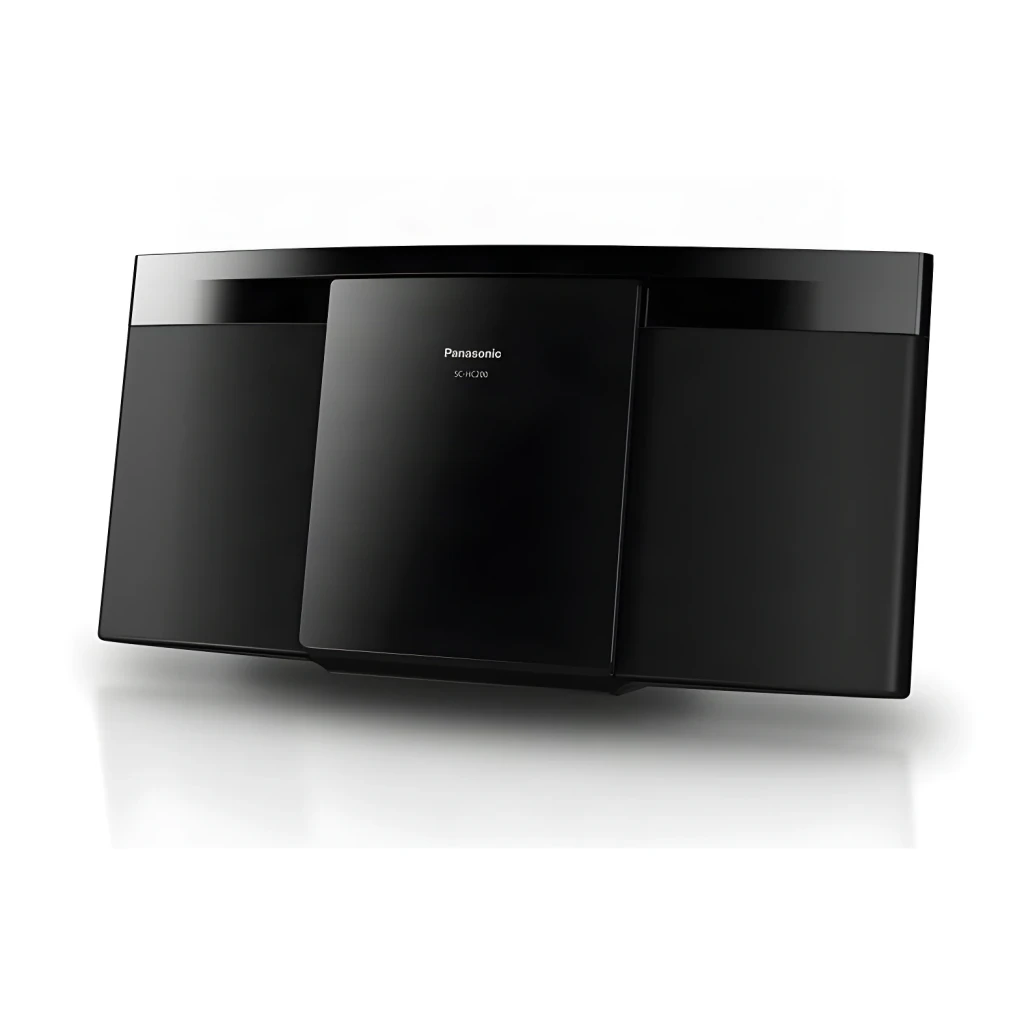 Panasonic Microssistema SC-HC200EG-K preto, vista frontal em ângulo: design plano curvo, altifalantes laterais e logótipo