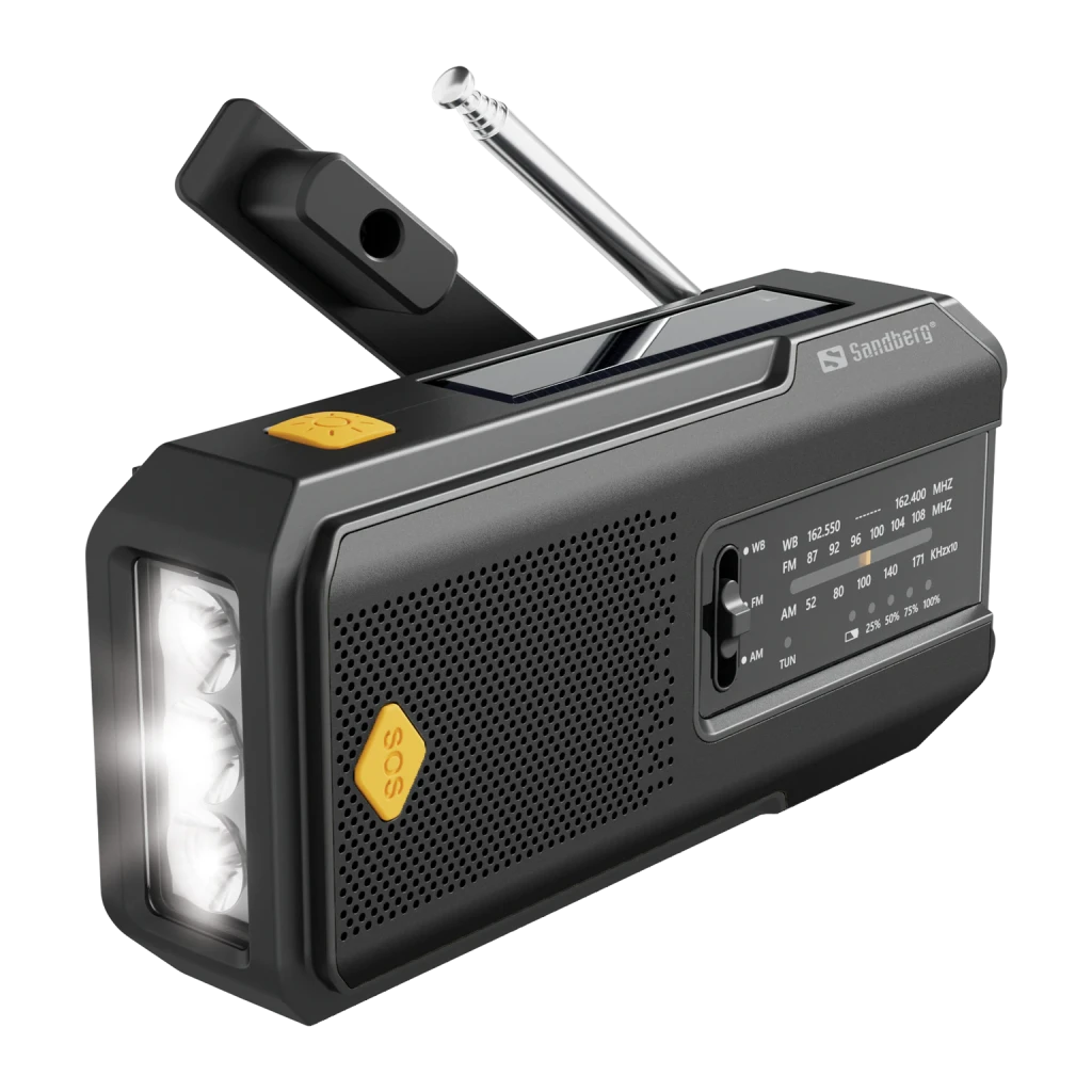 Radio OEM 421-04 FM/AM Batterie rechargeable 2000mAh Noir, vue avant en angle: antenne télescopique, lampe LED allumée